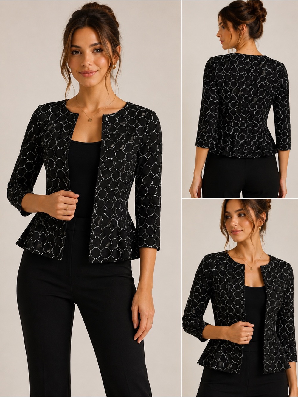 Leota Black Circle Print Peplum Jacket Blazer XS NWOT